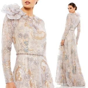 Mac Duggal 79374 Rose Applique Floral Embroidered Beaded Lace Maxi Gown, Size 16